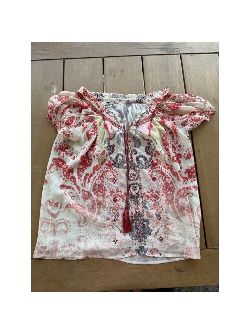 One World Blouse M White Red Paisley Off-Shoulder